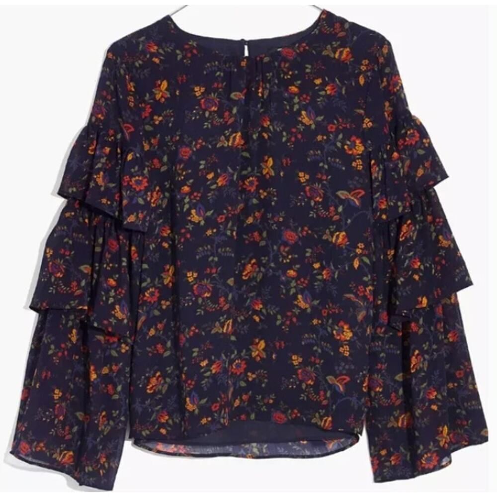 Madewell Ruffle-Sleeve Top Women's Small Navy Blue Floral Climbing Vine Blouse - Picture 12 of 13